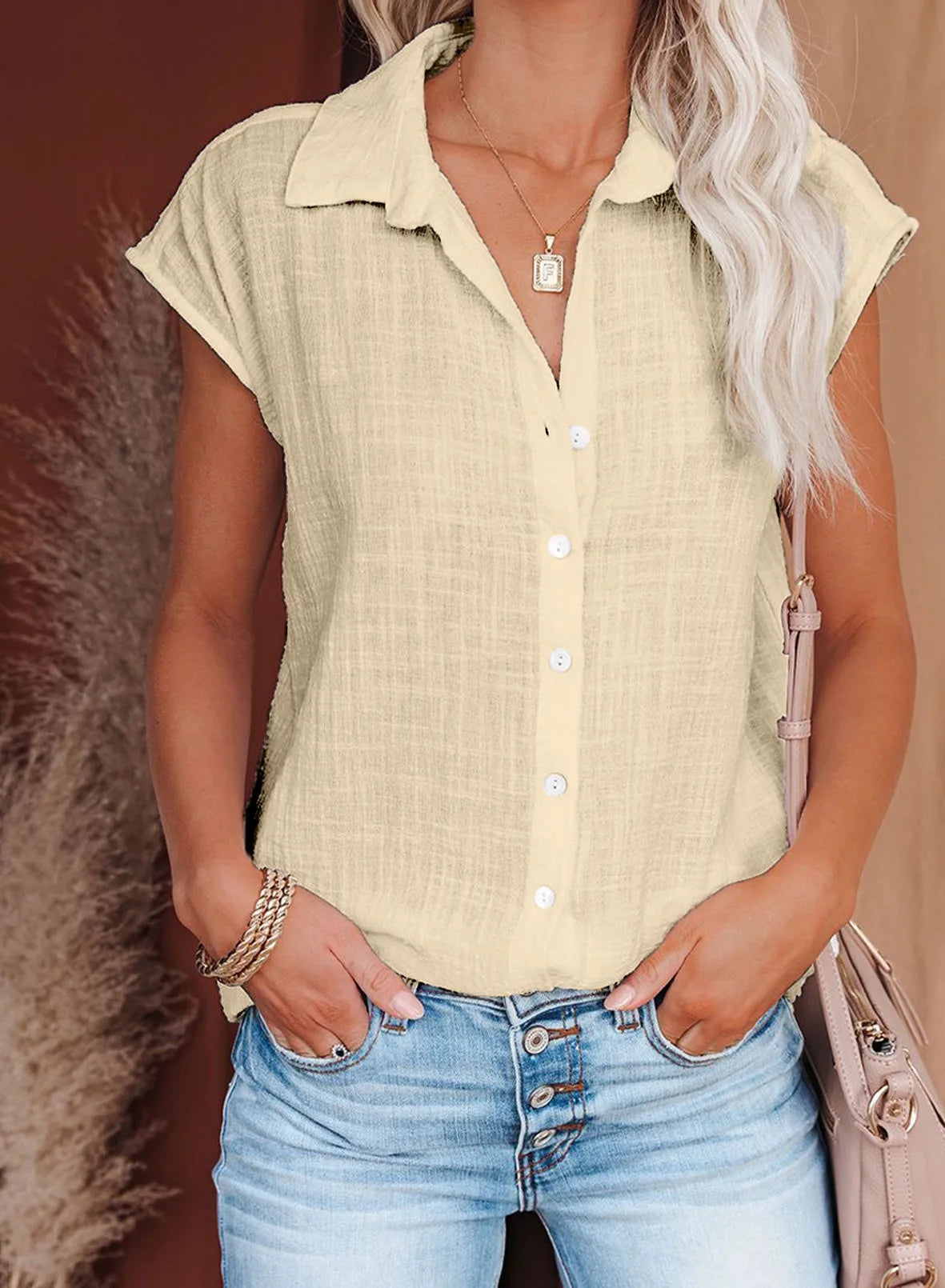 Camisas de algodón para mujer, blusas y Tops holgados Harajuku con botones de manga corta de Color sólido Vintage, Túnica informal para mujer, camiseta de gran tamaño