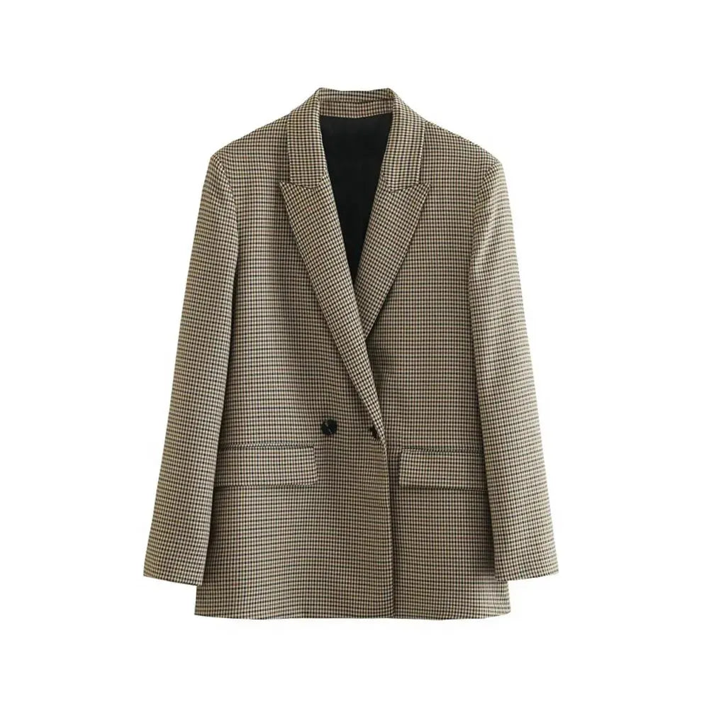 Blazer Feminino Trespassado Xadrez Bolsos
