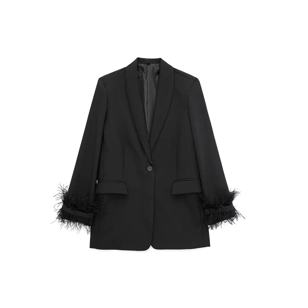 Blazer Preto Manga com Plumas