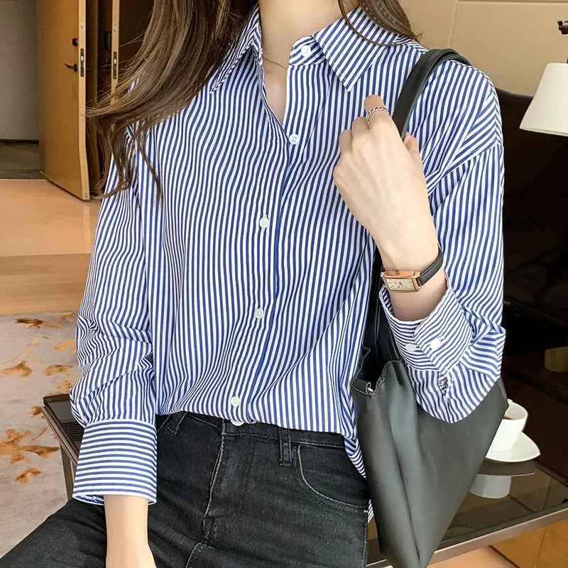 Camisa Essenza Listrata Clássica com Manga Lanterna