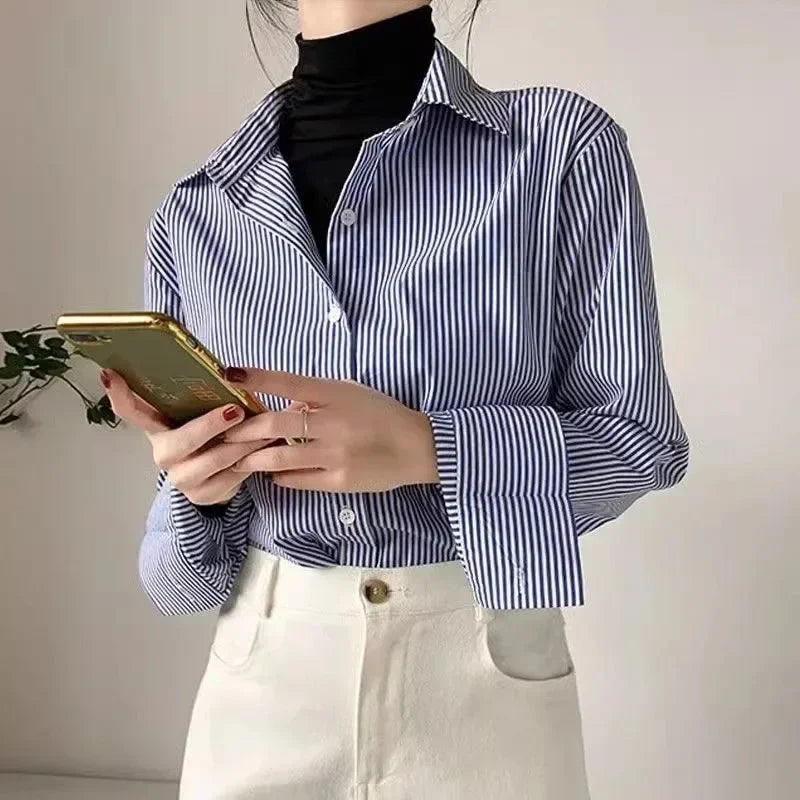 Camisa Essenza Listrata Clássica com Manga Lanterna