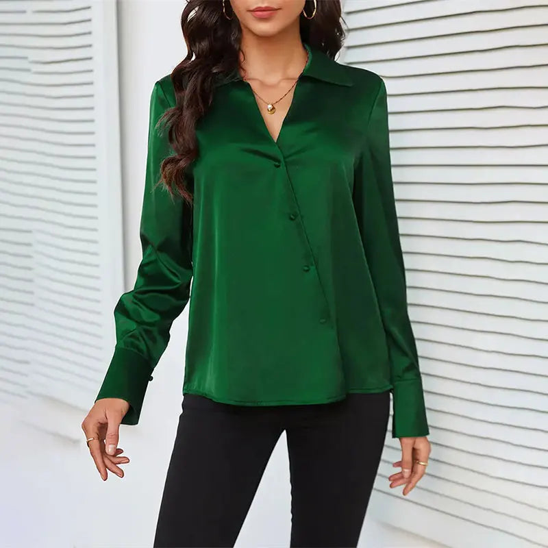 Camisa Verde de Cetim Elegante Feminina