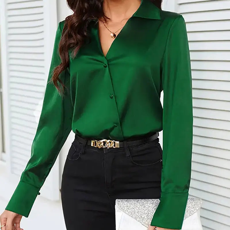 Camisa Verde de Cetim Elegante Feminina
