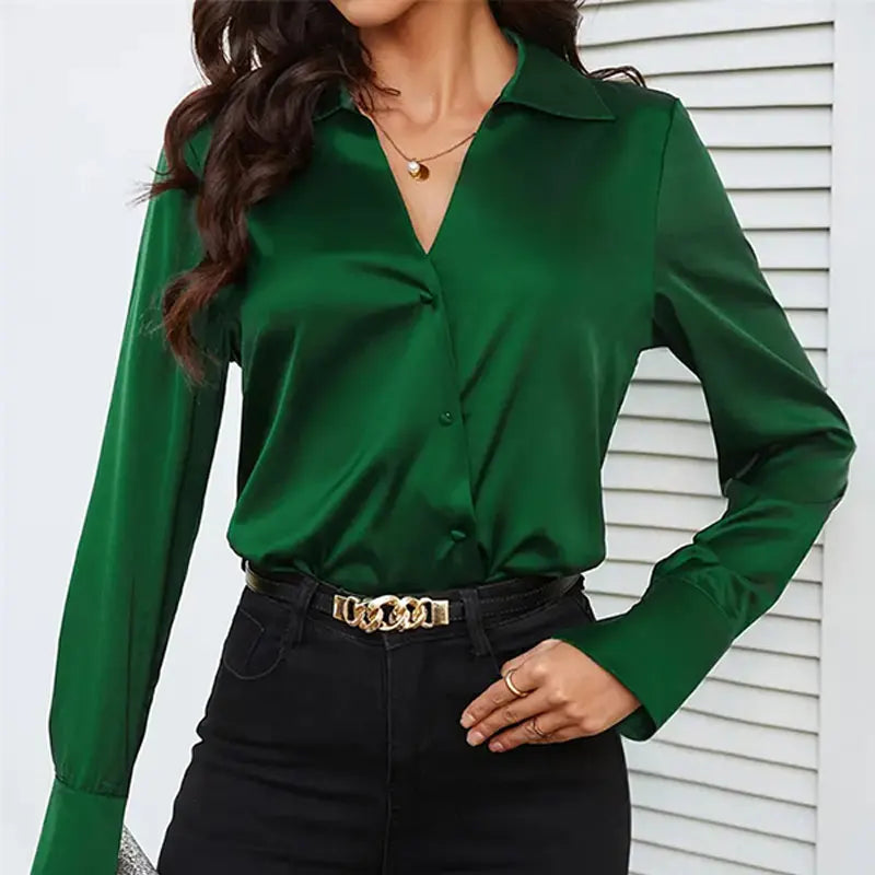 Camisa Verde de Cetim Elegante Feminina