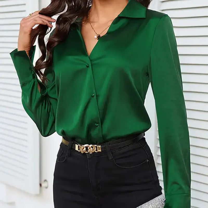Camisa Verde de Cetim Elegante Feminina