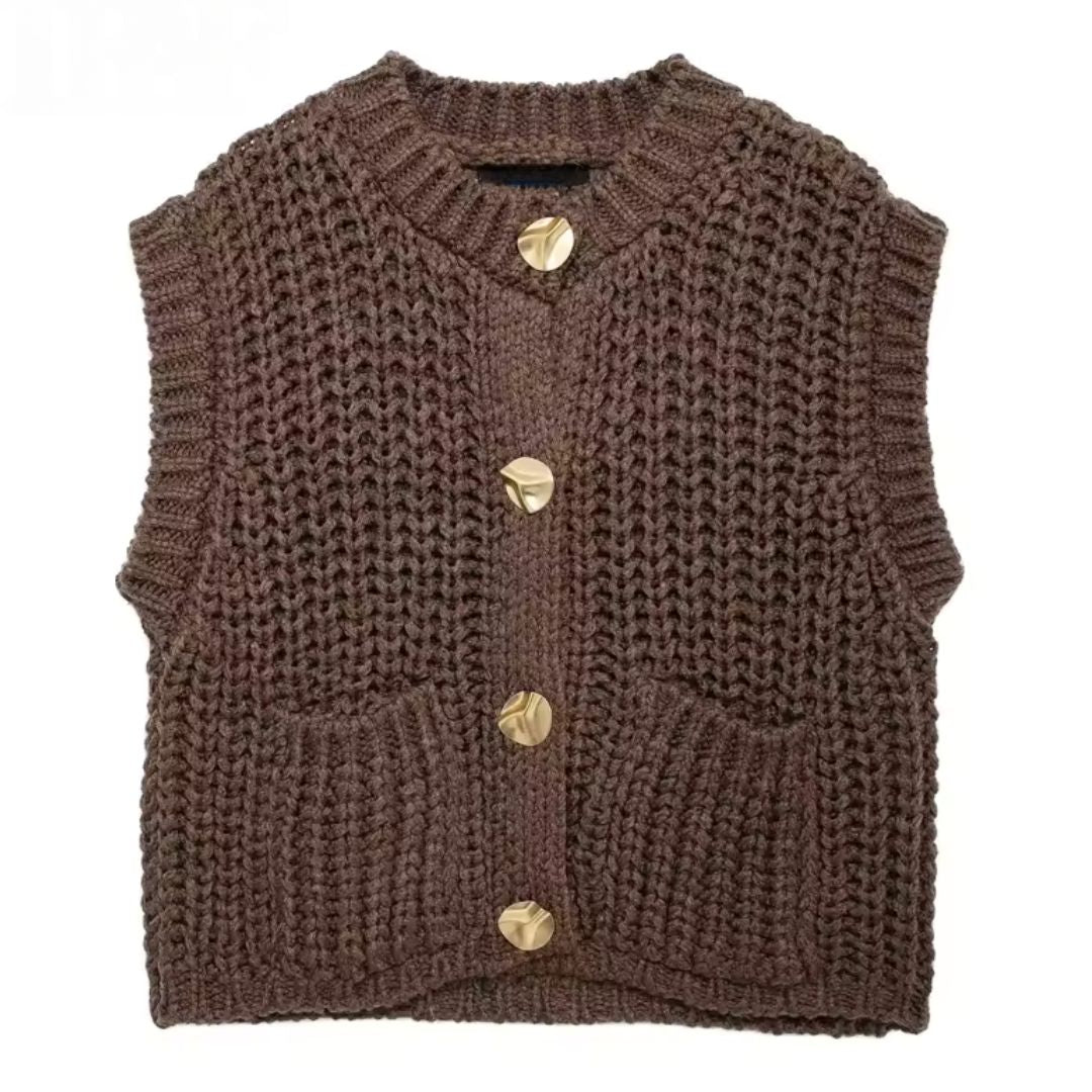 Colete Marrom Crochê Preppy