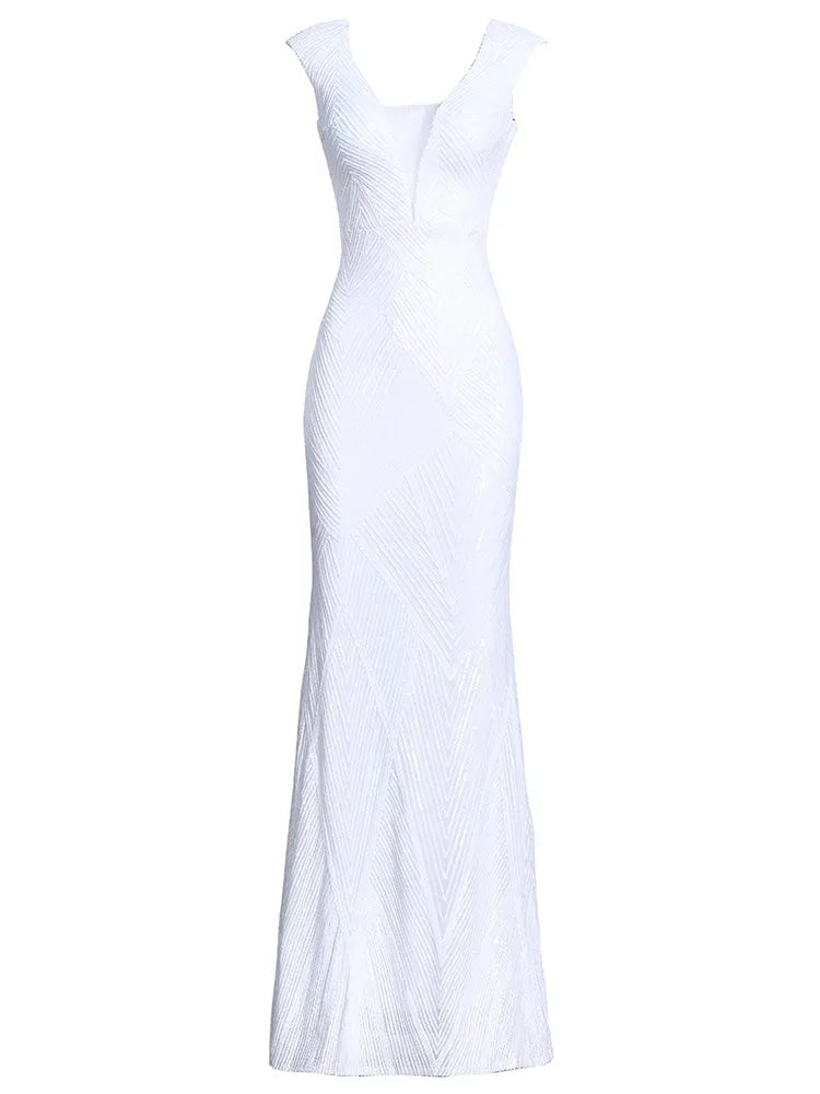 Yidingzs sexy com decote em v sem costas branco lantejoulas vestido de noite 2022 novas mulheres miçangas festa maxi vestido longo vestido de baile 18137