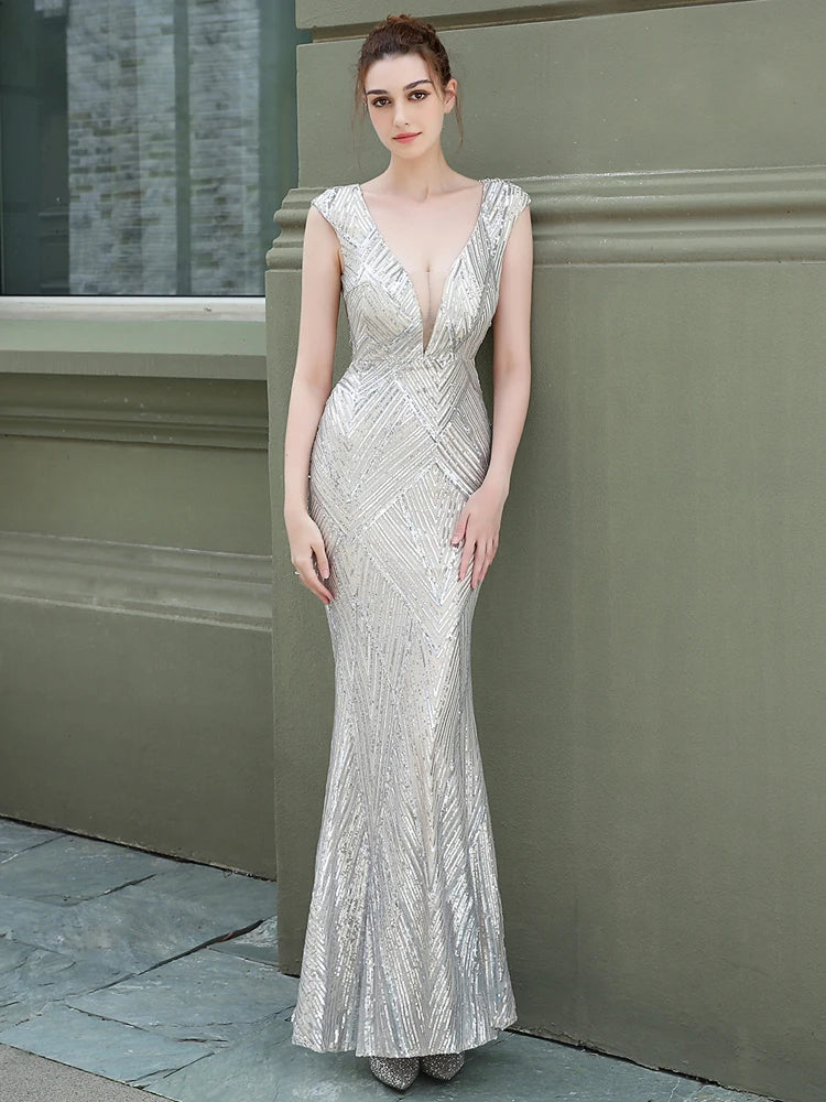 Yidingzs sexy com decote em v sem costas branco lantejoulas vestido de noite 2022 novas mulheres miçangas festa maxi vestido longo vestido de baile 18137