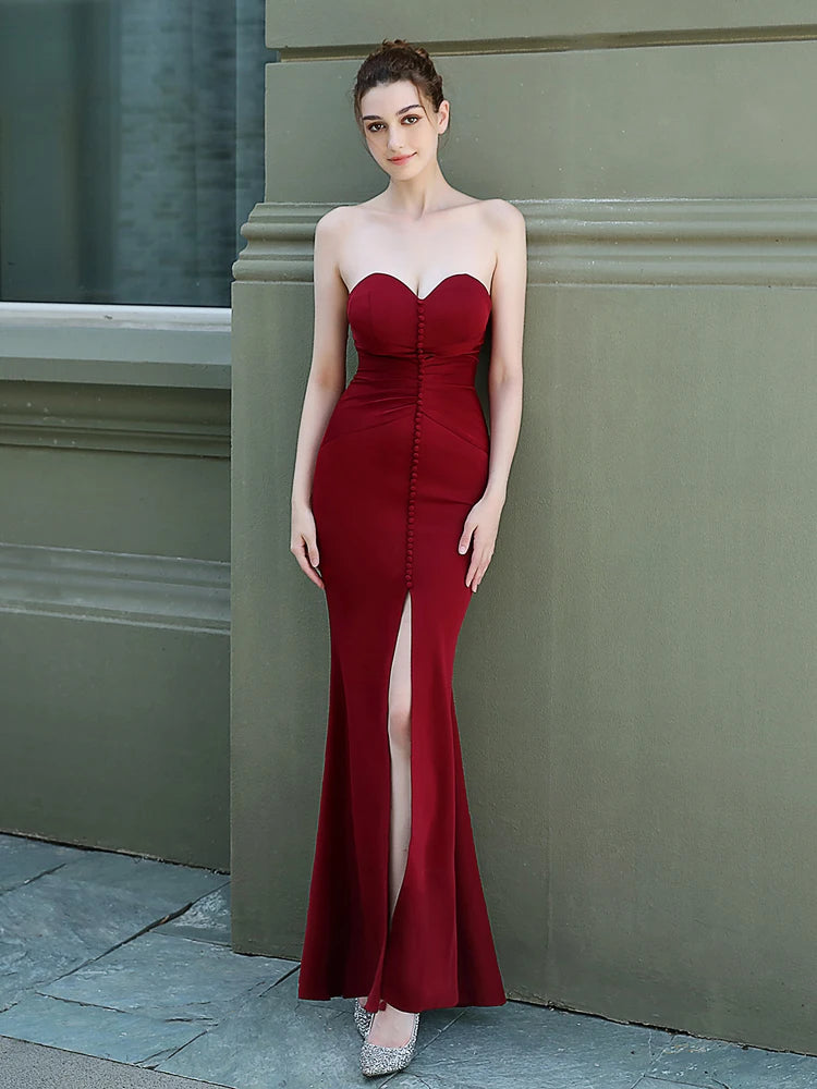 Yidingzs strapless champanhe macio cetim sexy fenda longo vestido de noite feminino elegante plissado botão festa de formatura vestido 18210