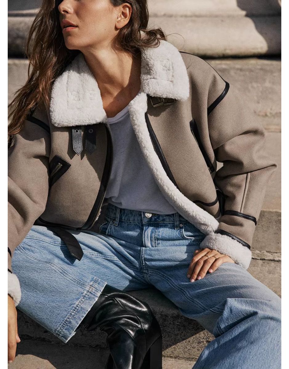 Jaqueta Cáqui de Couro Feminina Retro com Cinto