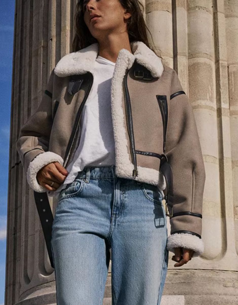 Jaqueta Cáqui de Couro Feminina Retro com Cinto