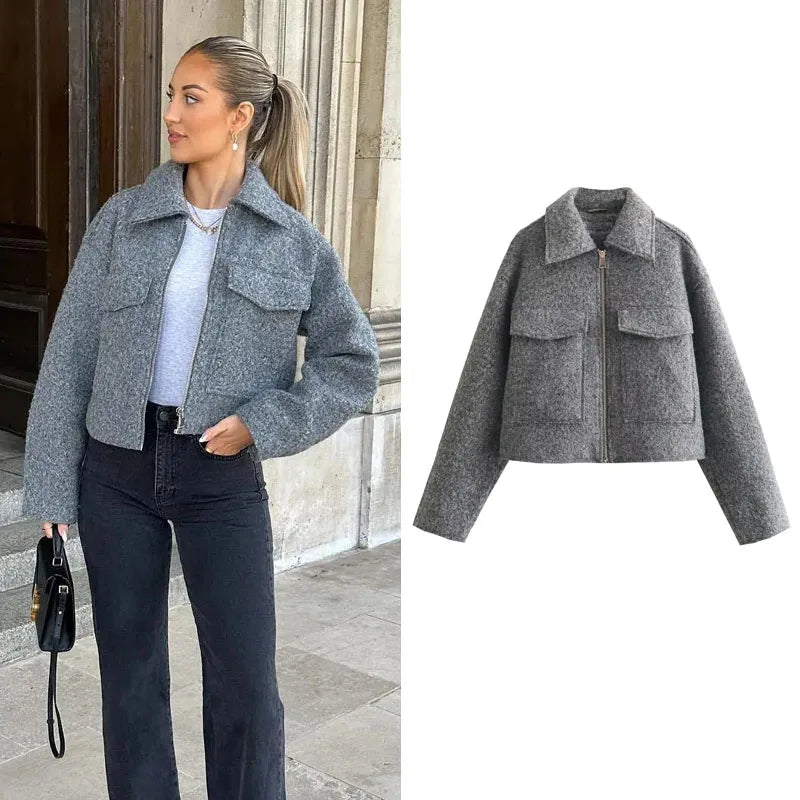 Jaqueta Cinza Feminina Lã Tweed