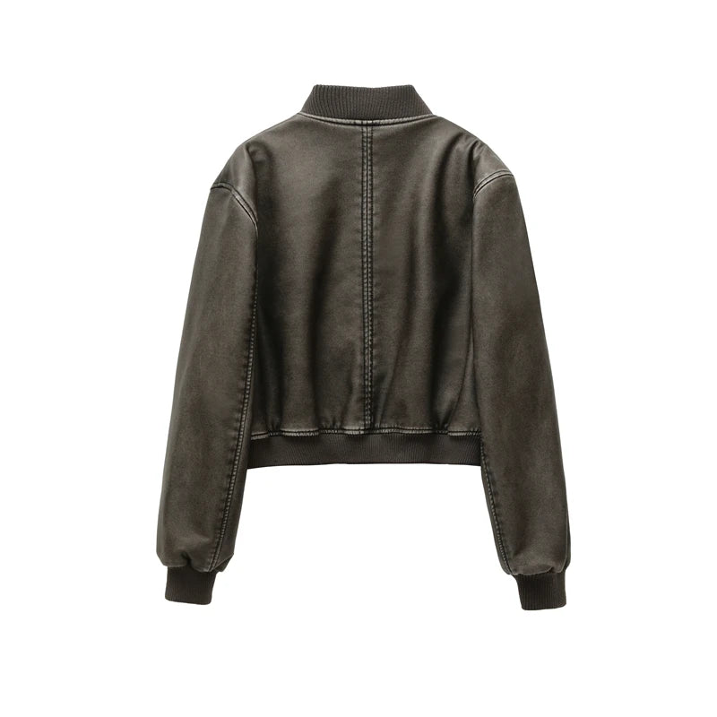 Jaqueta Preta Bomber Feminina Vintage de Couro