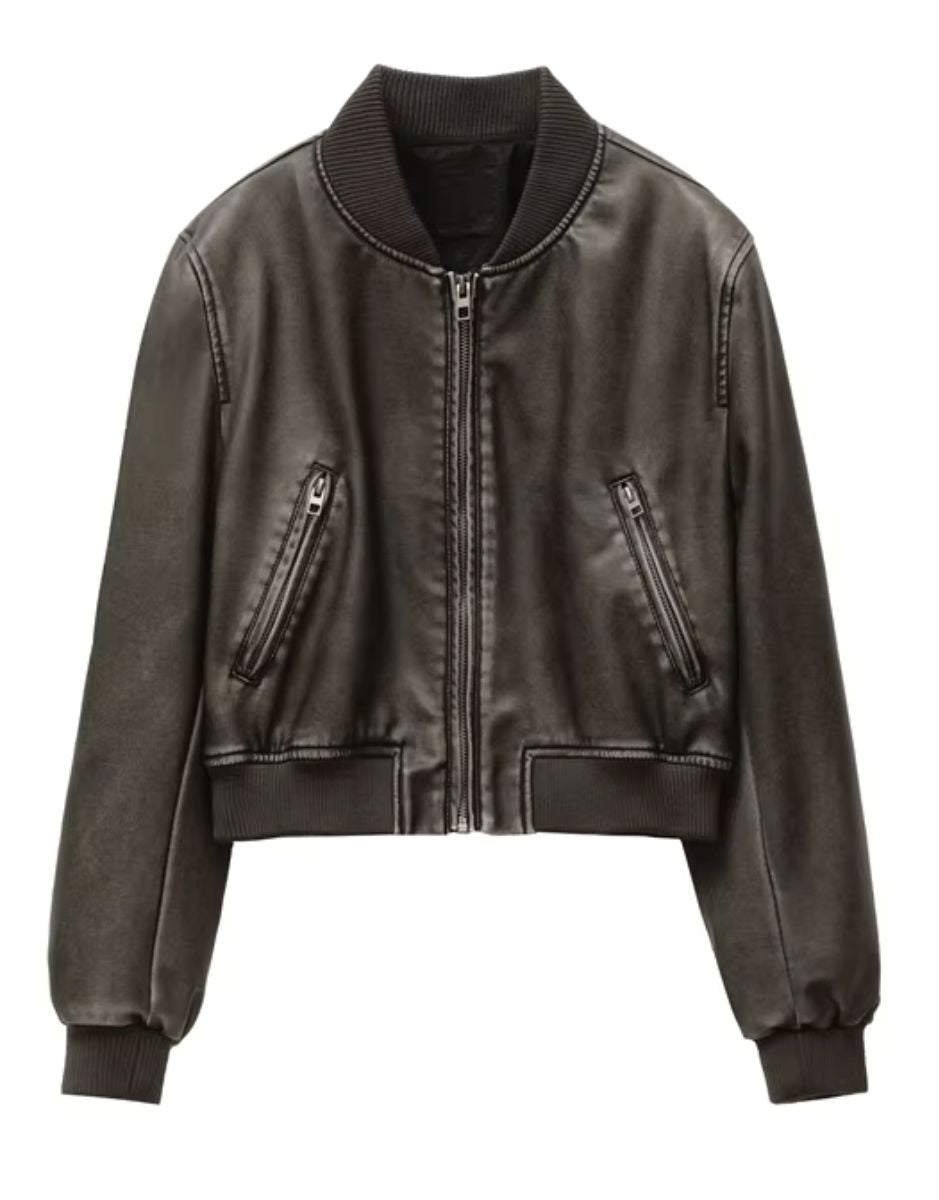 Jaqueta Preta Bomber Feminina Vintage de Couro