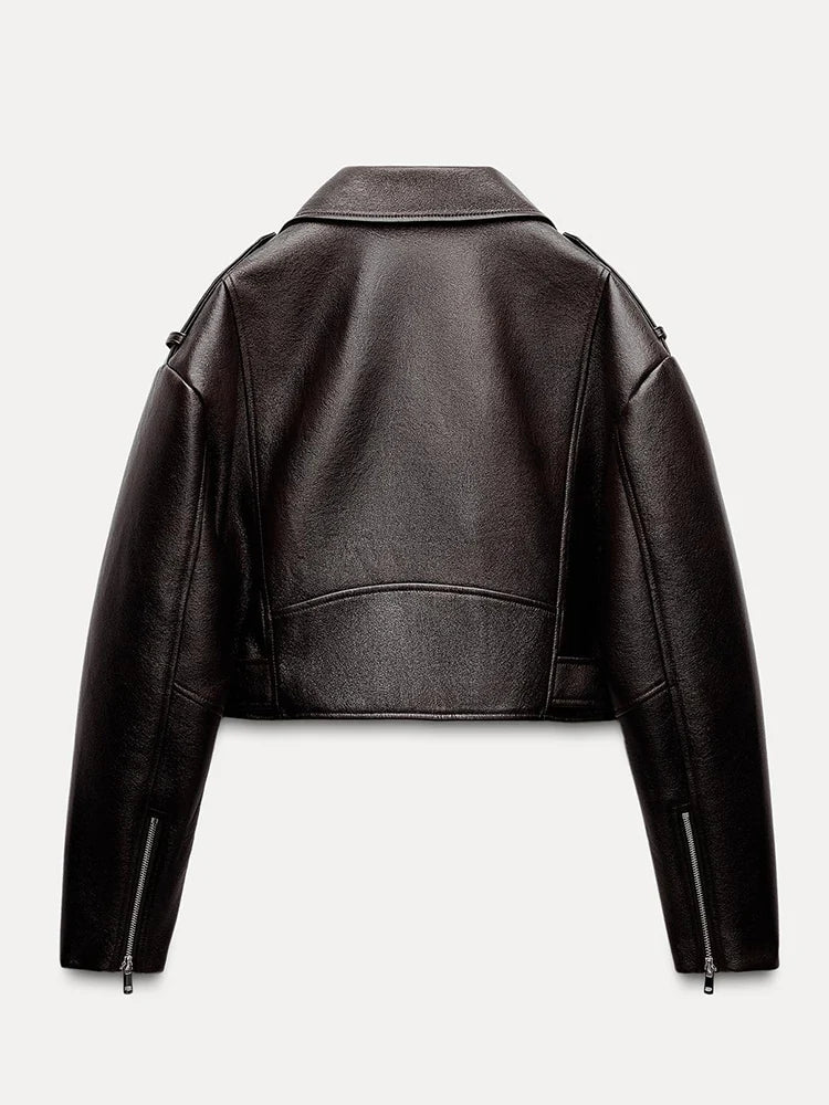 Jaqueta Preta de Couro Feminina Retro Curto Faux Leather