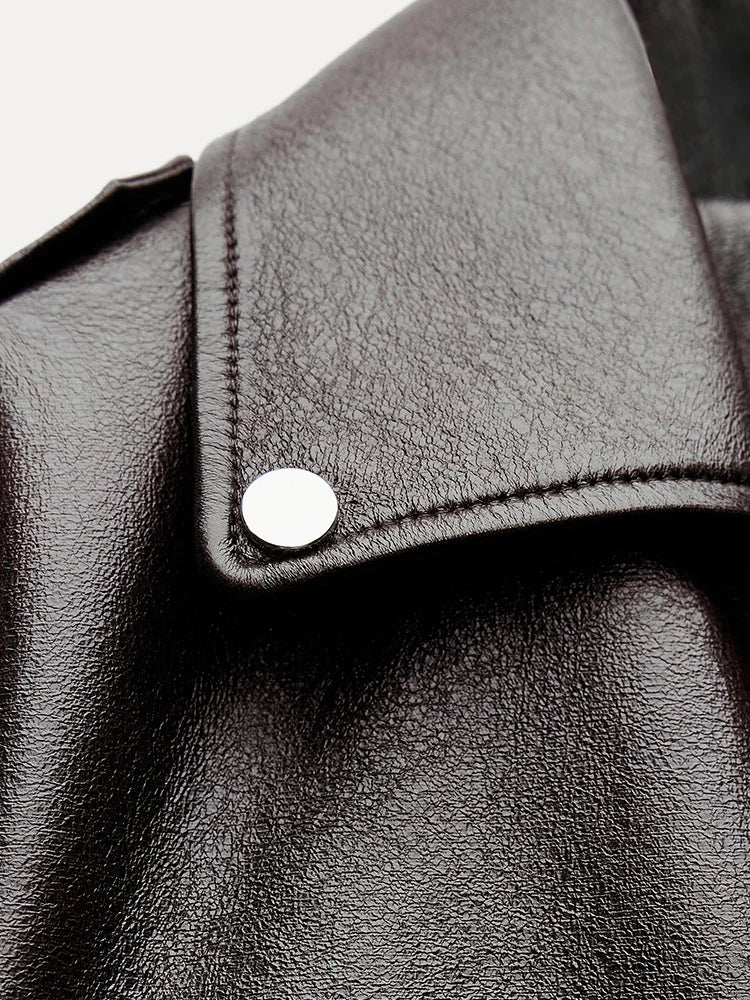 Jaqueta Preta de Couro Feminina Retro Curto Faux Leather