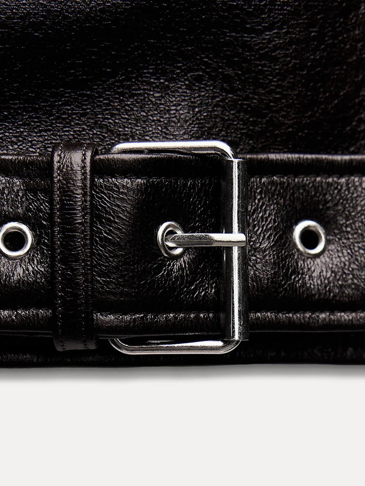 Jaqueta Preta de Couro Feminina Retro Curto Faux Leather