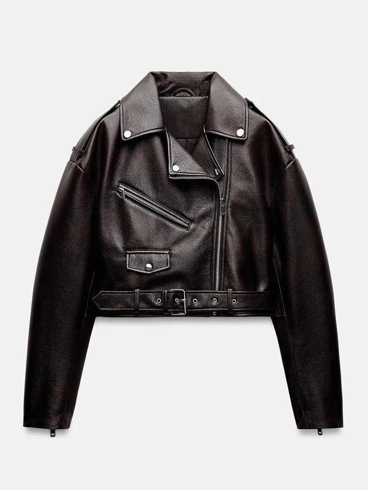 Jaqueta Preta de Couro Feminina Retro Curto Faux Leather