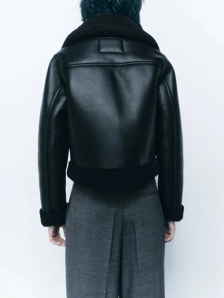 Jaqueta Preta de Couro Feminina Zipper Retro Cropped