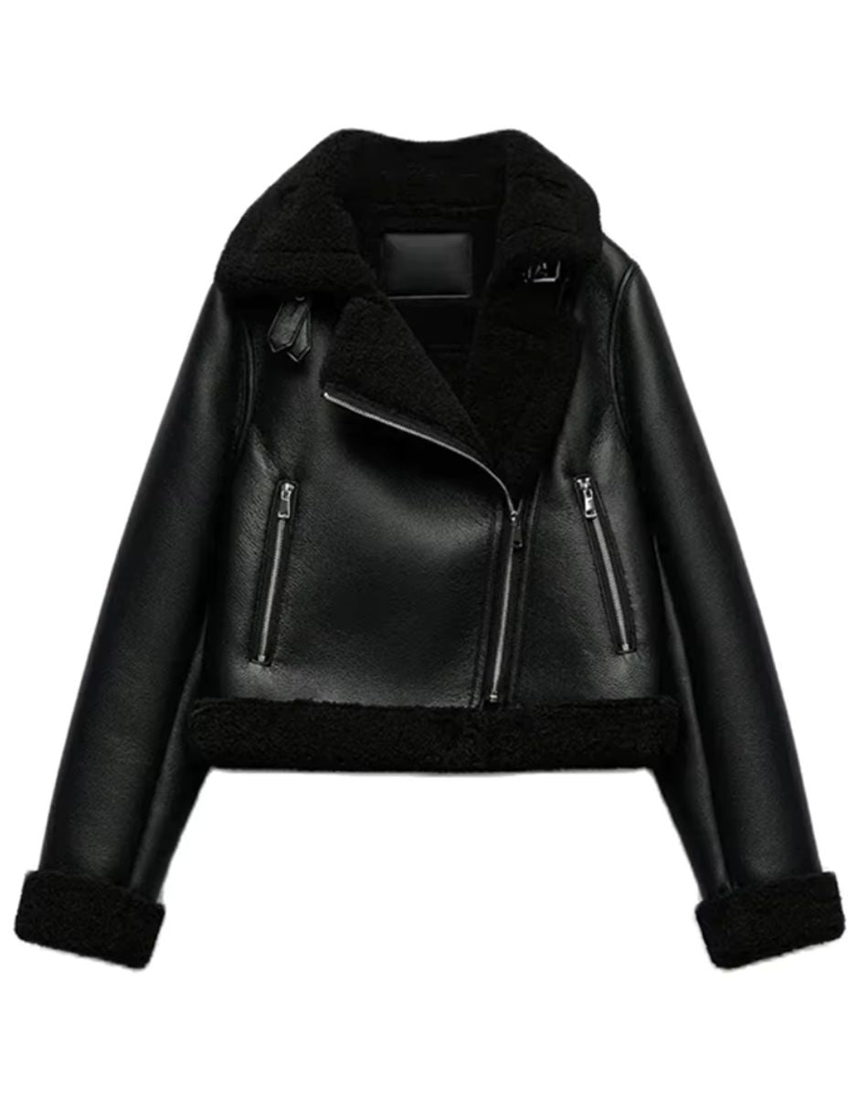 Jaqueta Preta de Couro Feminina Zipper Retro Cropped
