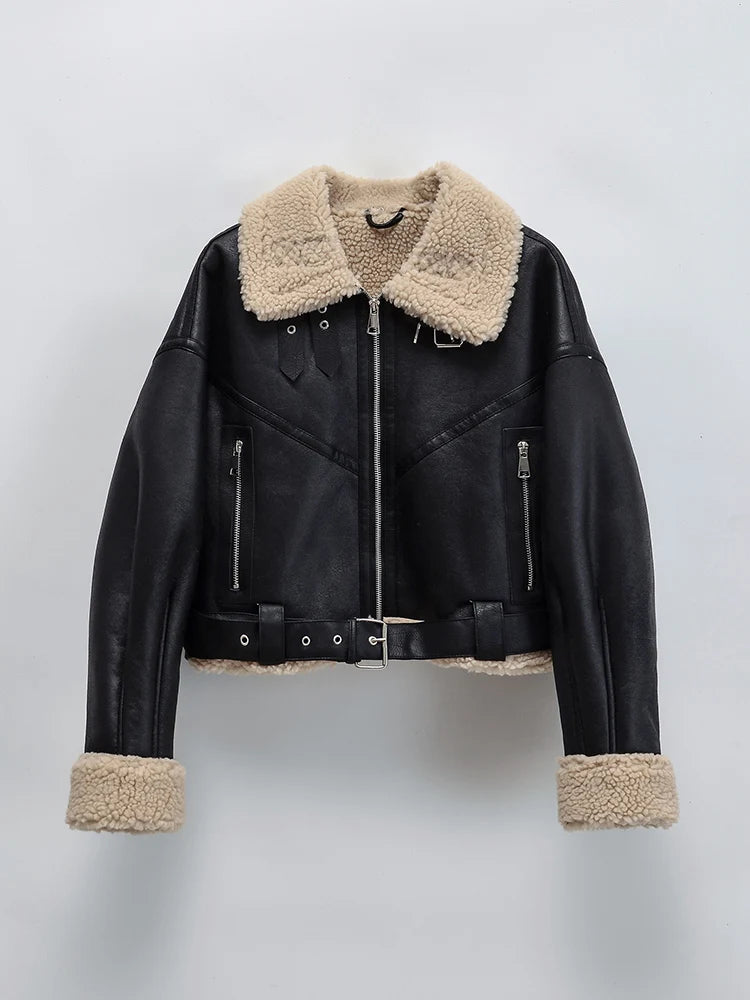 Jaqueta de Couro Feminina com Cinto Grosso Biker