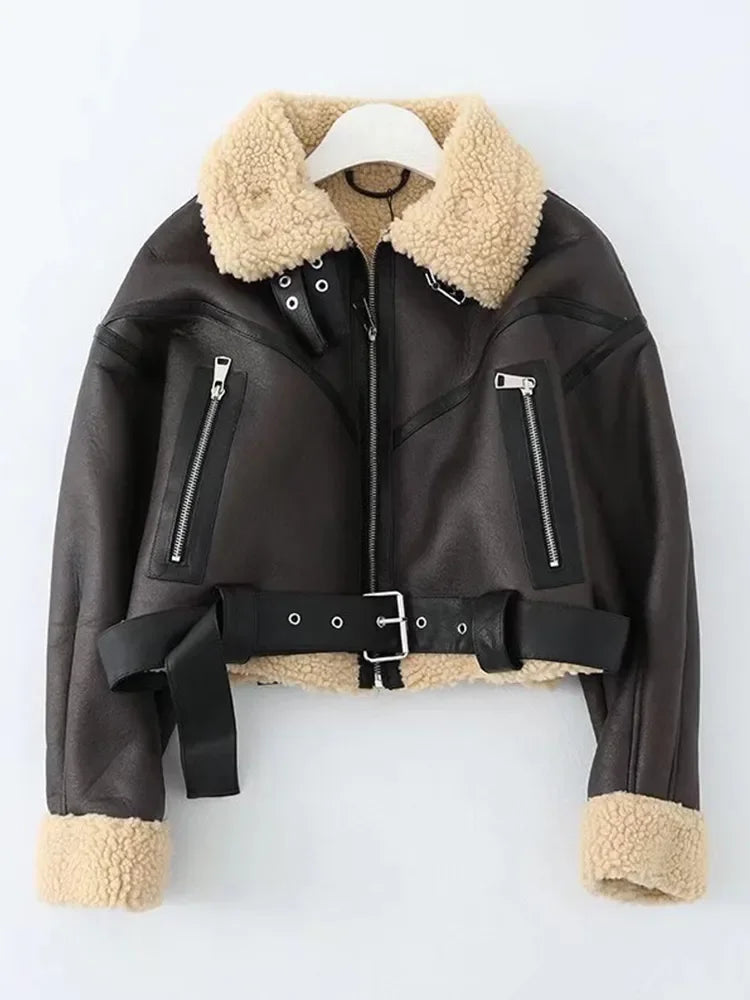 Jaqueta de Couro Feminina com Cinto Grosso Biker