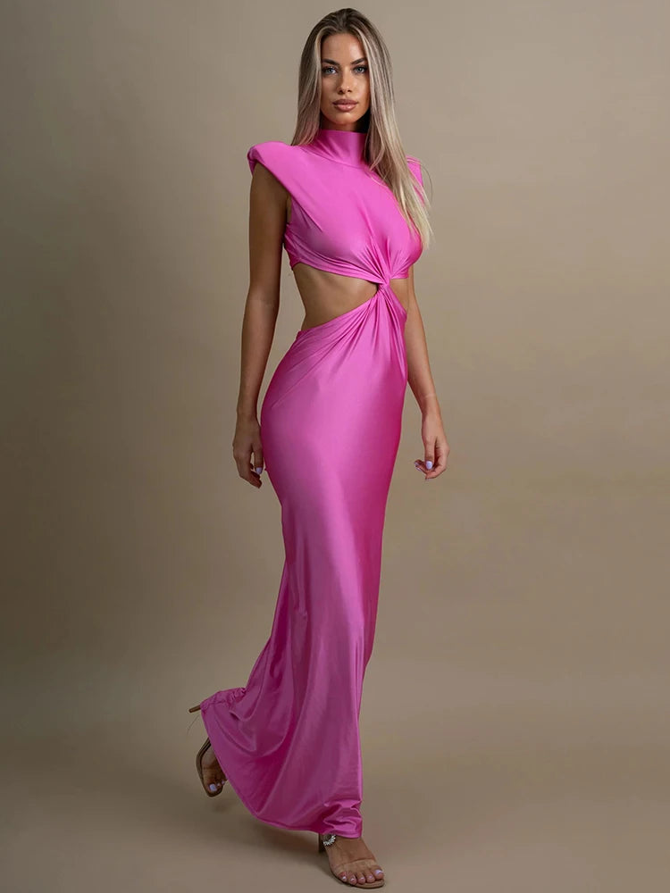 Vestido Longo Gola Alta Sem Mangas Recortes Vazados