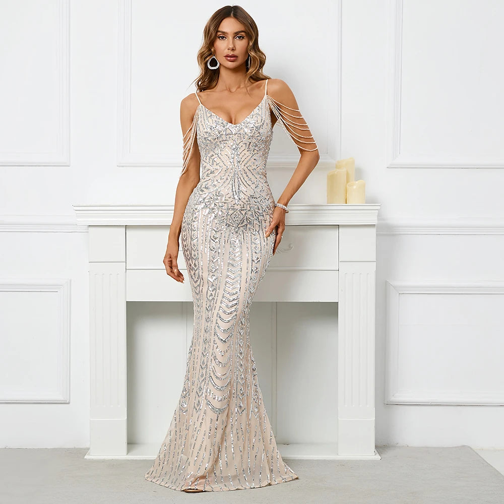 YIDINGZS-Sexy vestido feminino com decote em V, vestido longo de baile, vestido de lantejoulas, cinta, miolização, rosa, maxi, festa