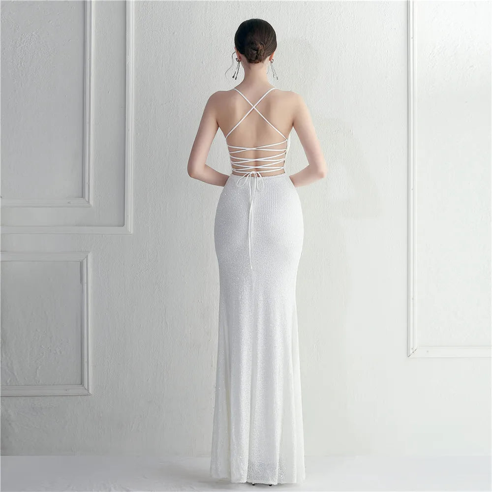 Yidingz azul lantejoulas sem costas sexy fenda longo festa vestidos de noite luxo v pescoço veludo estiramento sem mangas cocktail vestido de baile