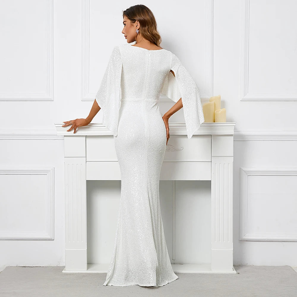 Yidingzs feminino vestido de lantejoulas branco longo vestido de baile com decote em v vestido de noite elegante festa maxi vestido