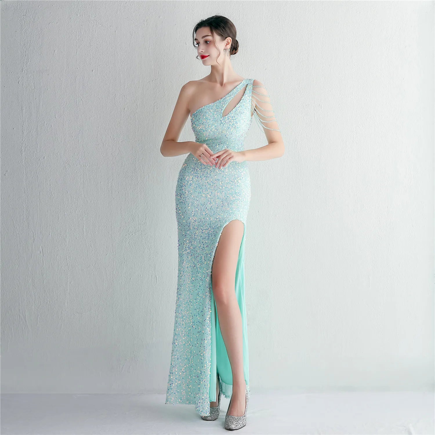 YIDINGZS-vestido feminino de lantejoulas com um ombro, elegante maxi vestido de festa, bordô longo, 2022, 18519