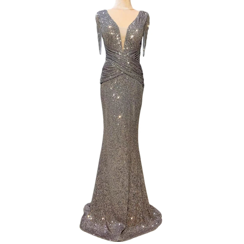 Yidingzs vestido feminino com miçangas, vestido longo de baile, decote em v profundo, cinza, lantejoulas, vestido de noite sexy, festa maxi 19320