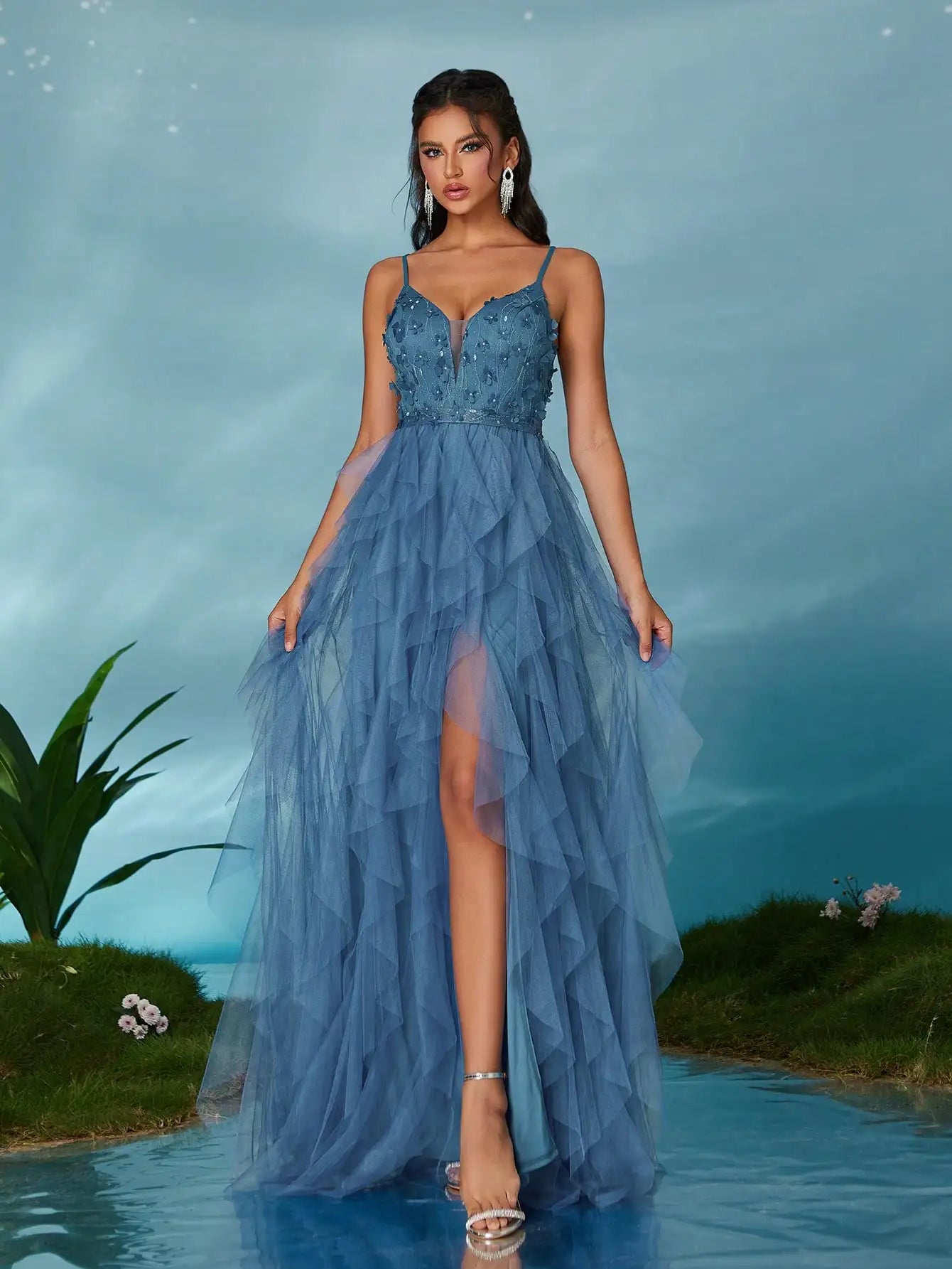Vestido Azul Céu Longo Fenda Larga