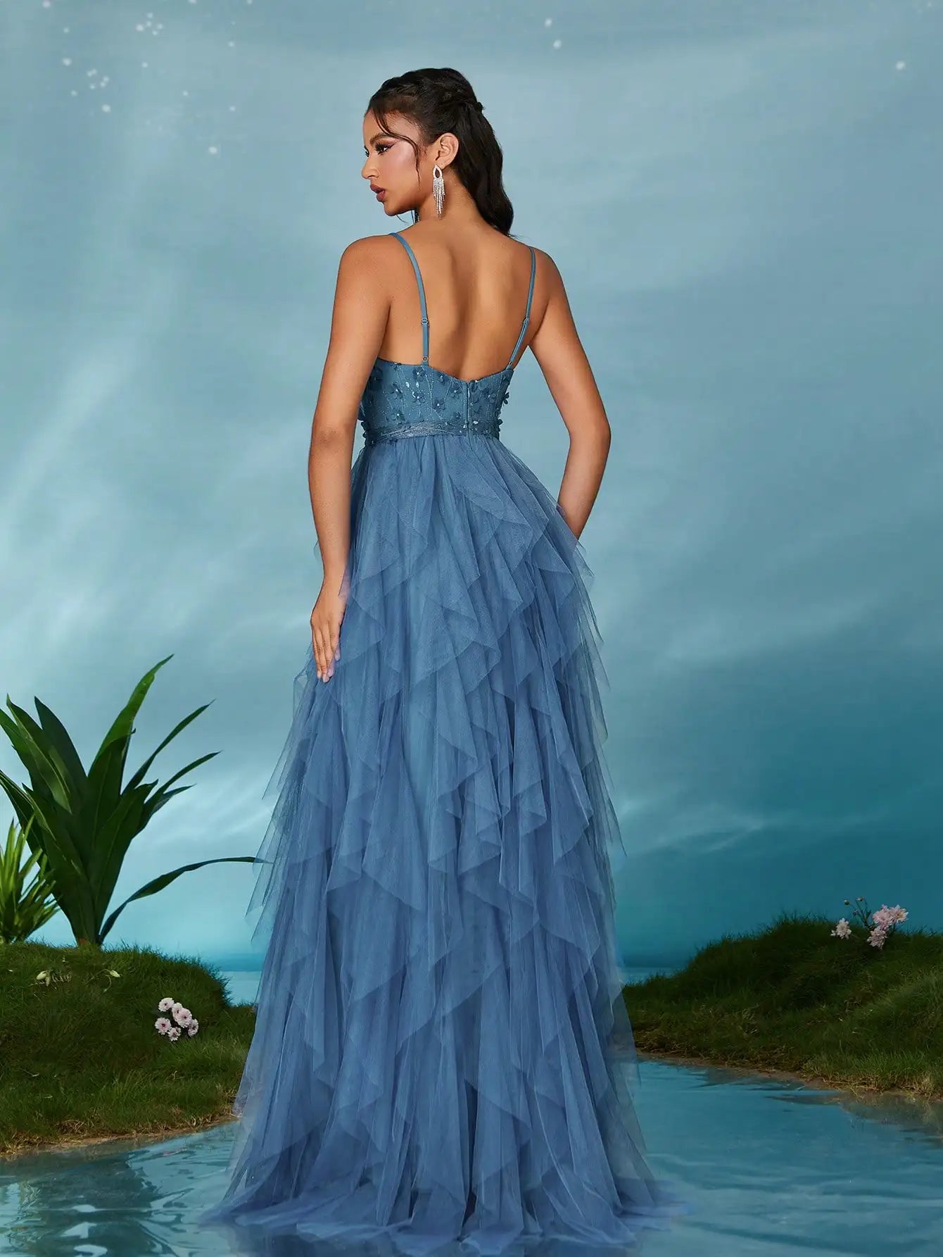 Vestido Azul Céu Longo Fenda Larga