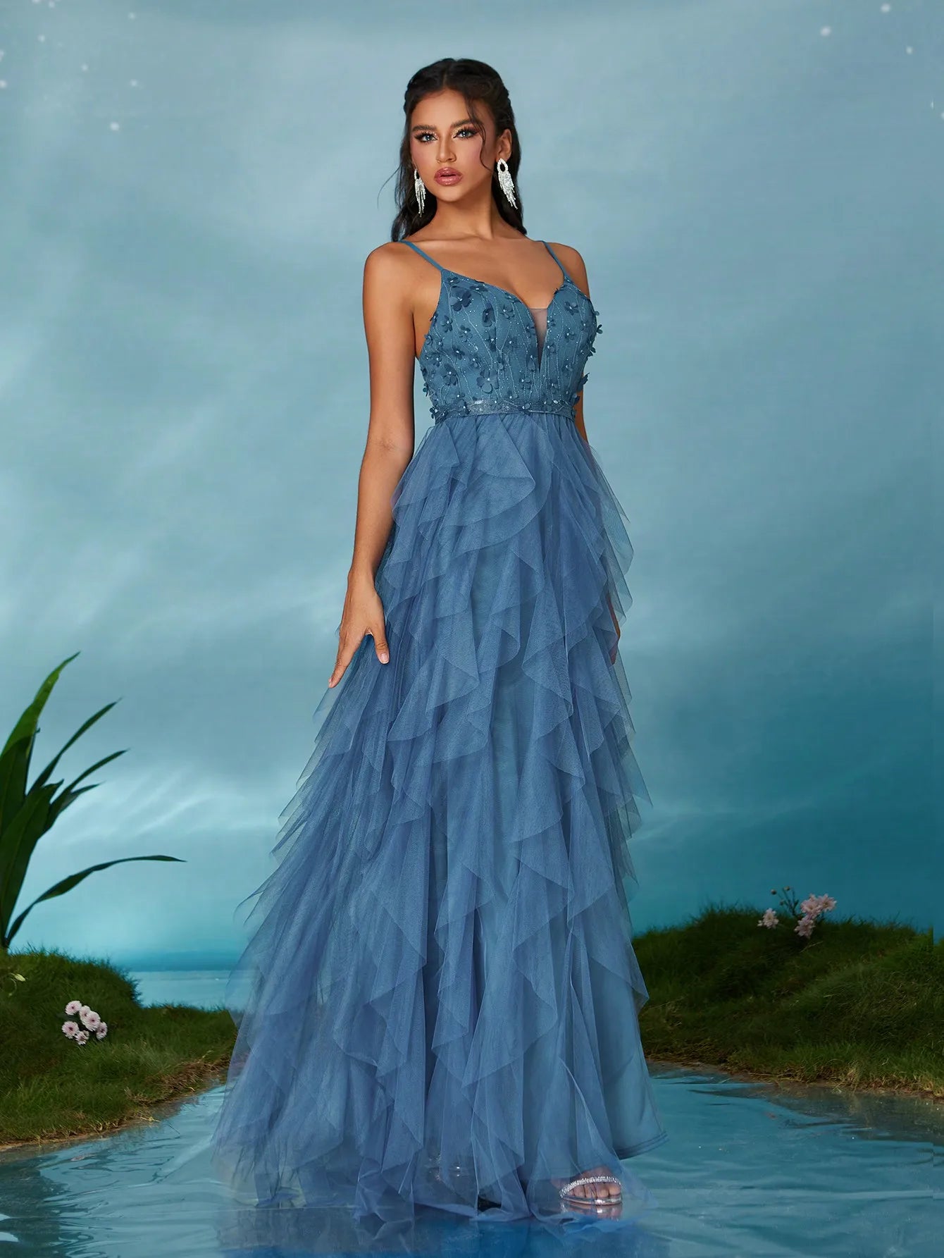 Vestido Azul Céu Longo Fenda Larga