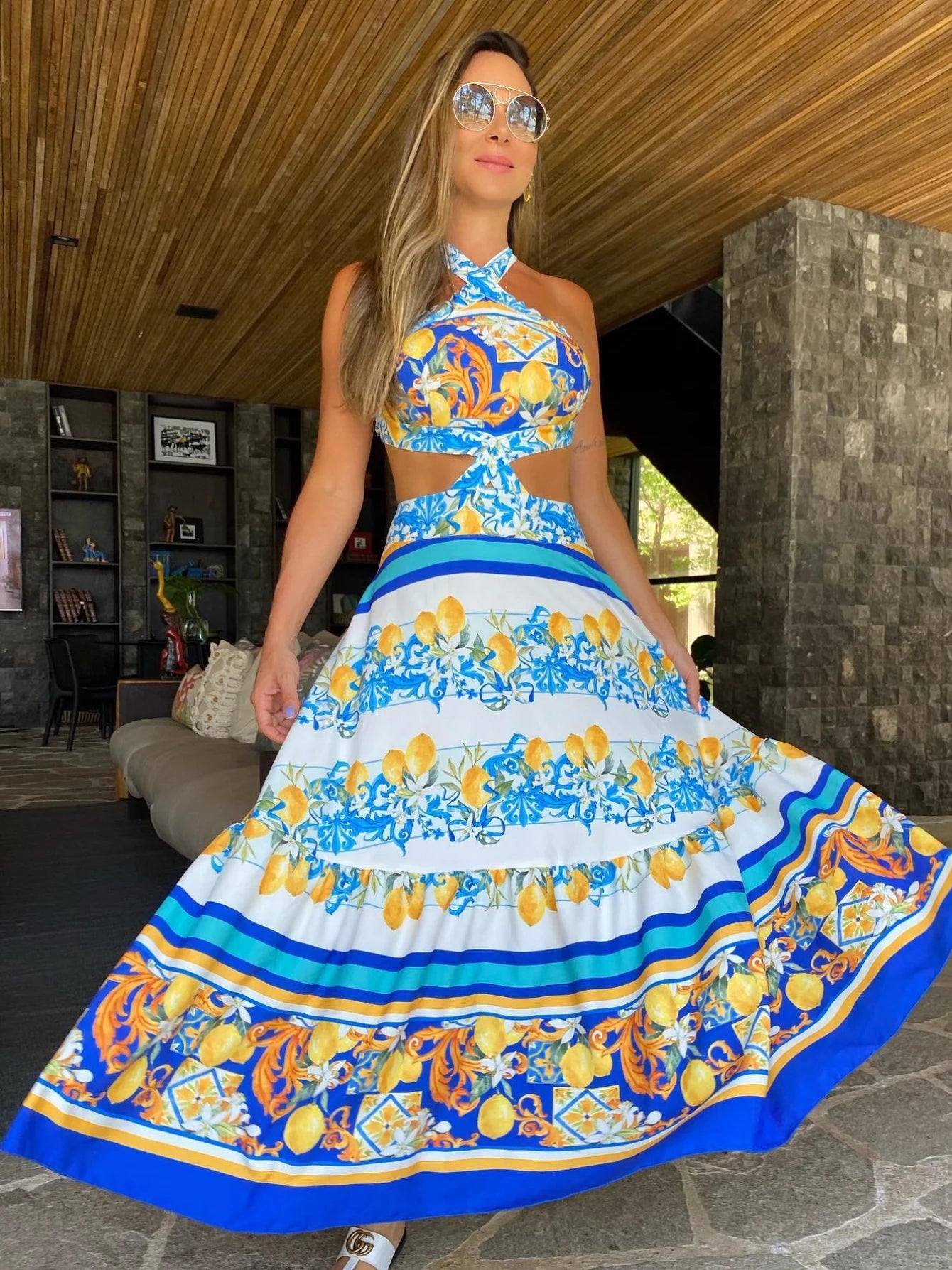 Vestido Azul Longo Brilho do Caribe