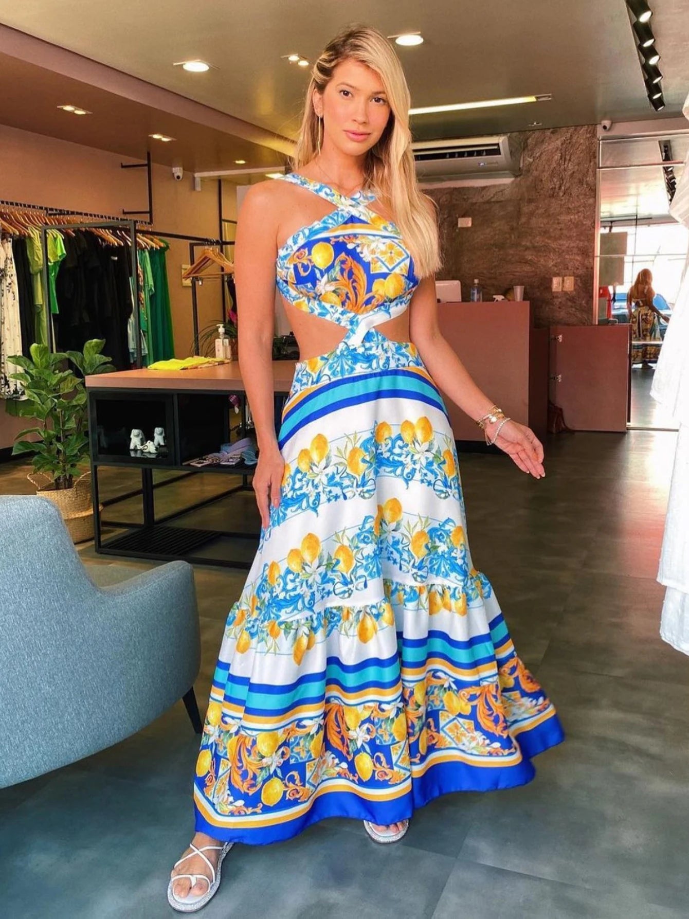 Vestido Azul Longo Brilho do Caribe