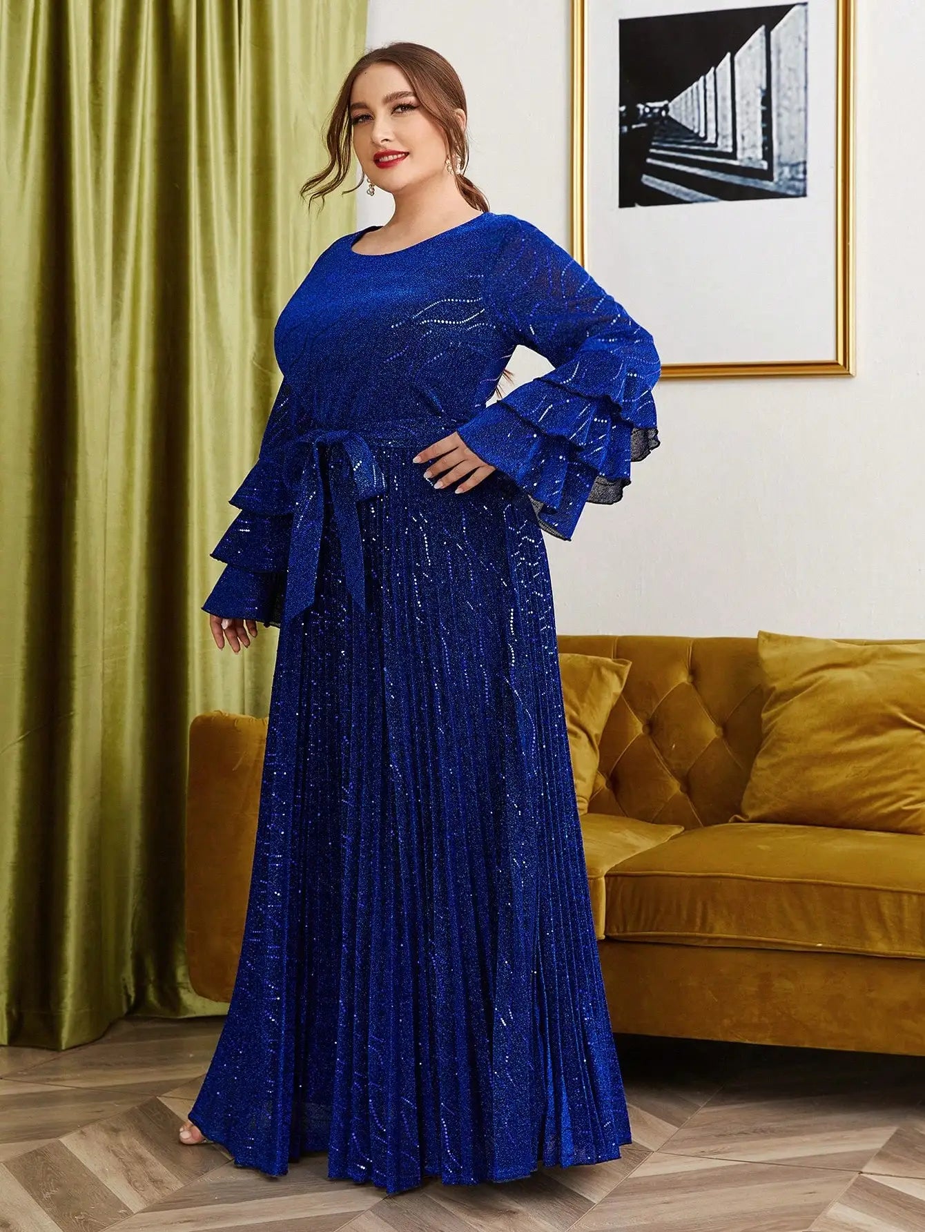 Vestido Azul Longo Plus Size Ilane Manga Longa