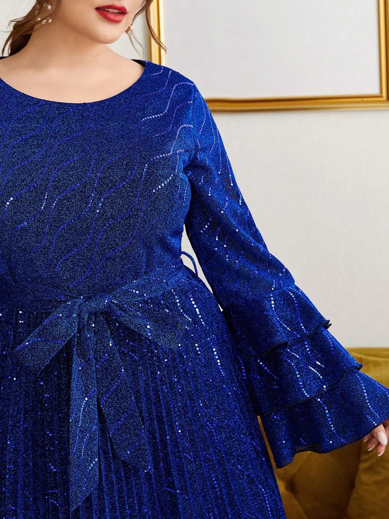 Vestido Azul Longo Plus Size Ilane Manga Longa