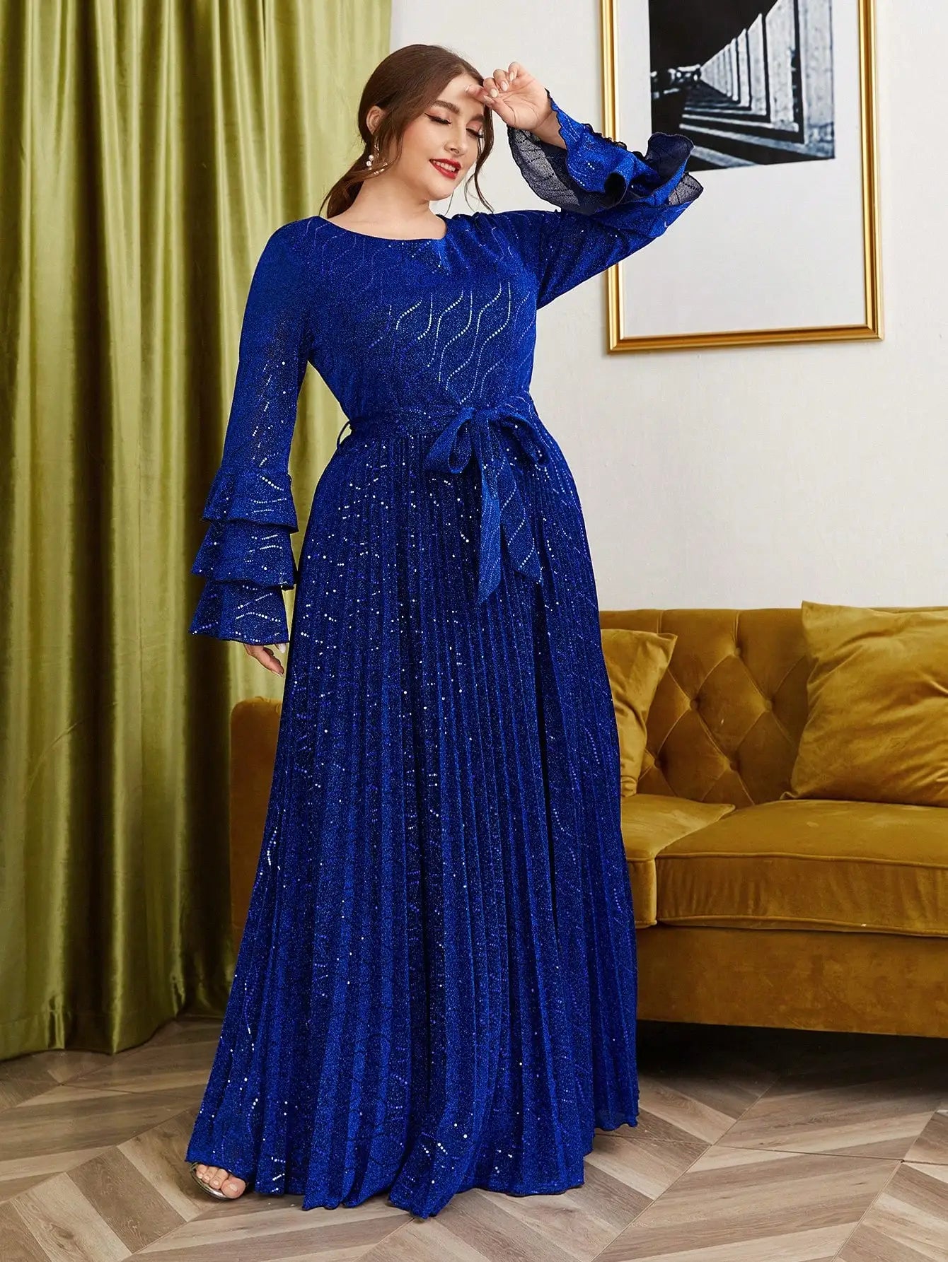 Vestido Azul Longo Plus Size Ilane Manga Longa