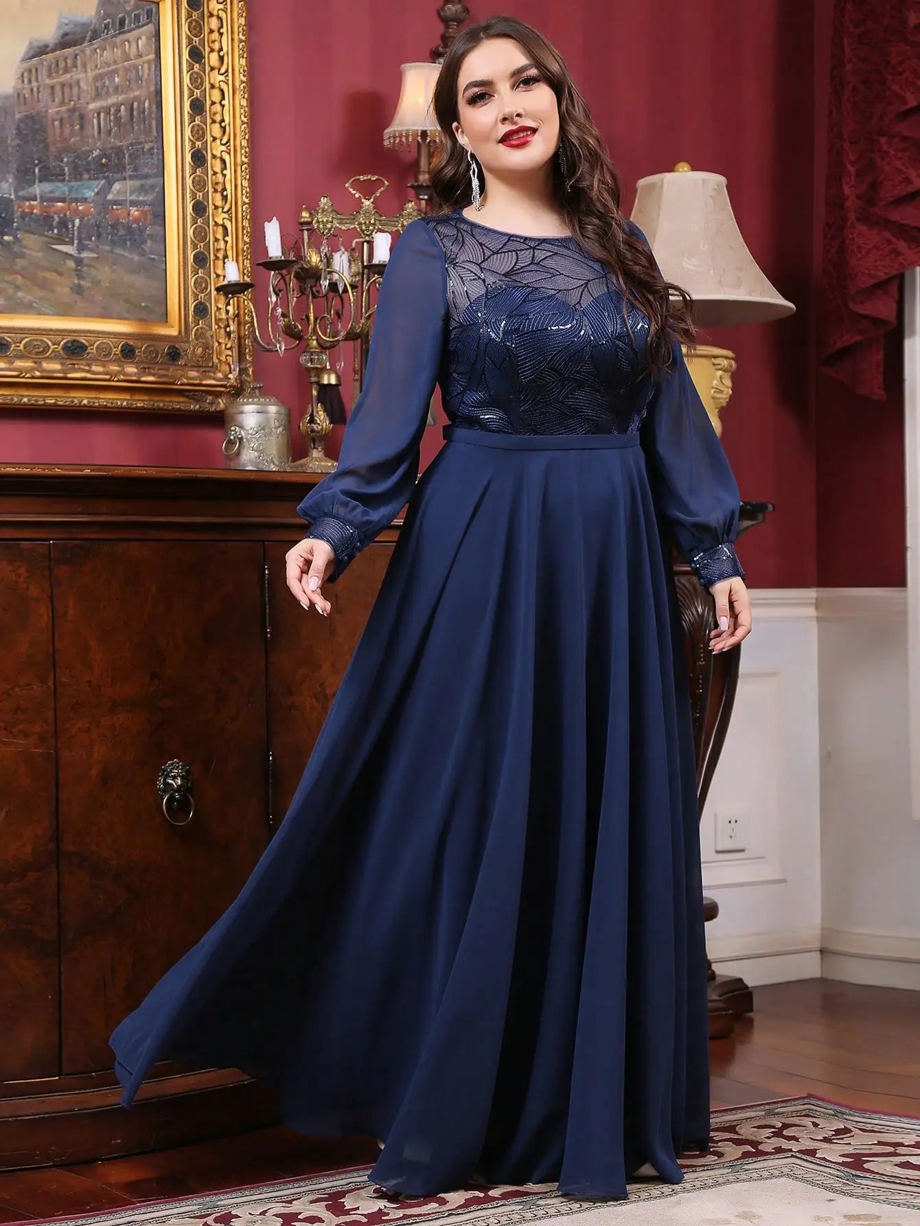 Vestido Azul Longo Plus Size em Torno do Pescoço Transparente
