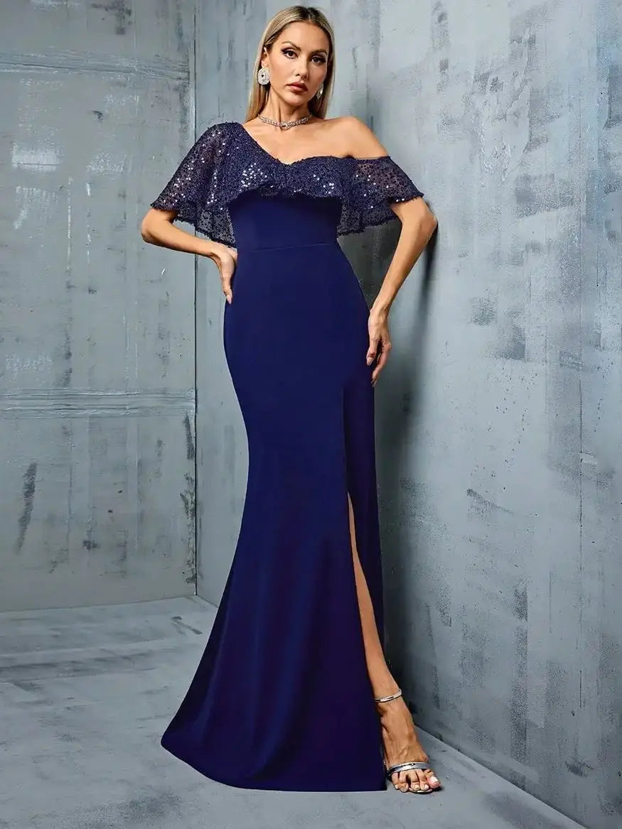 Vestido Azul Marinho Longo Irregular Ombro Único Lantejoula