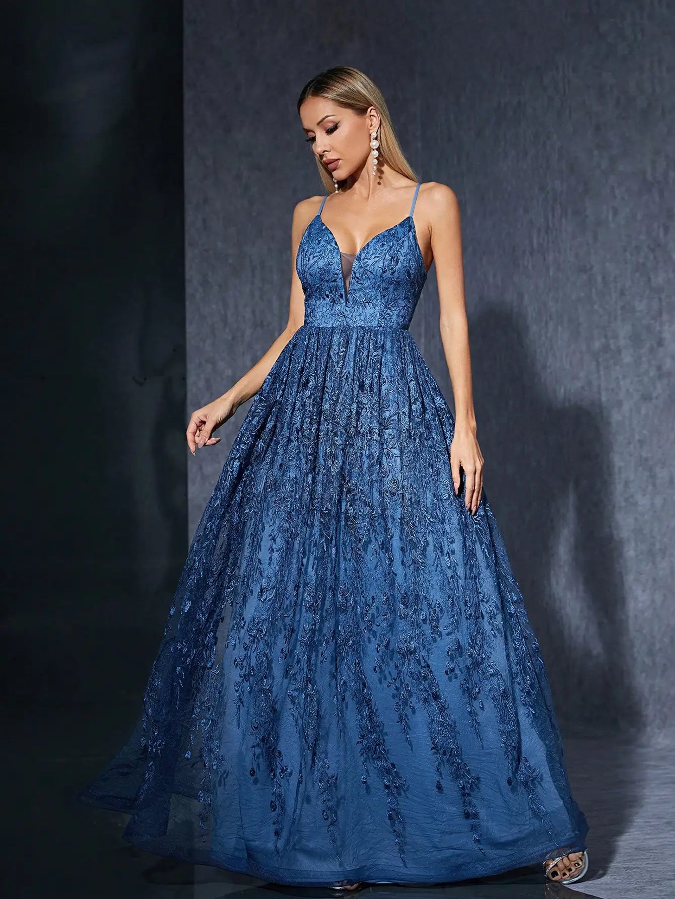 Vestido Azul Marinho Longo Yvone Bordado