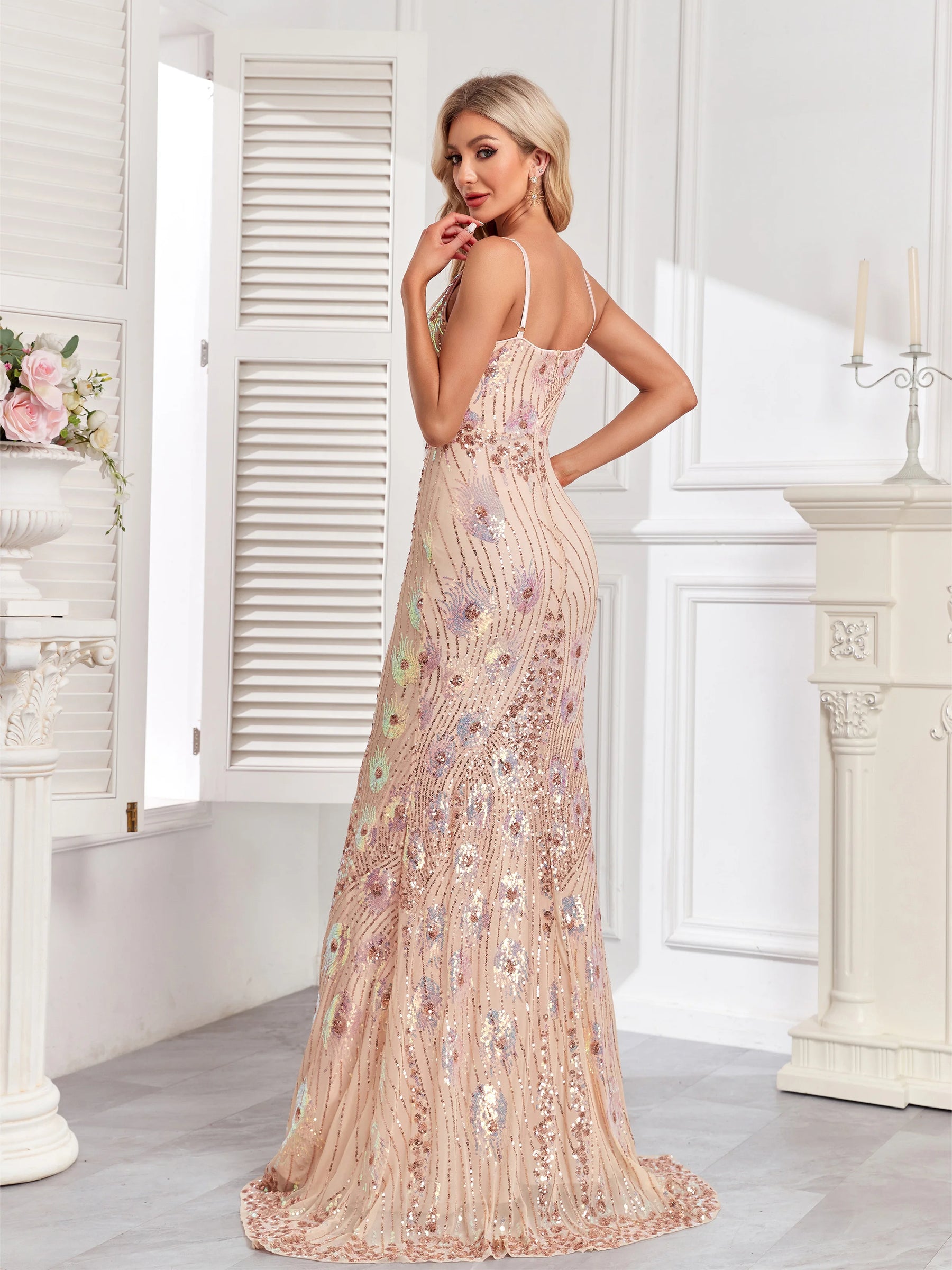 Vestido Champagne Longo Sereia de Cristal