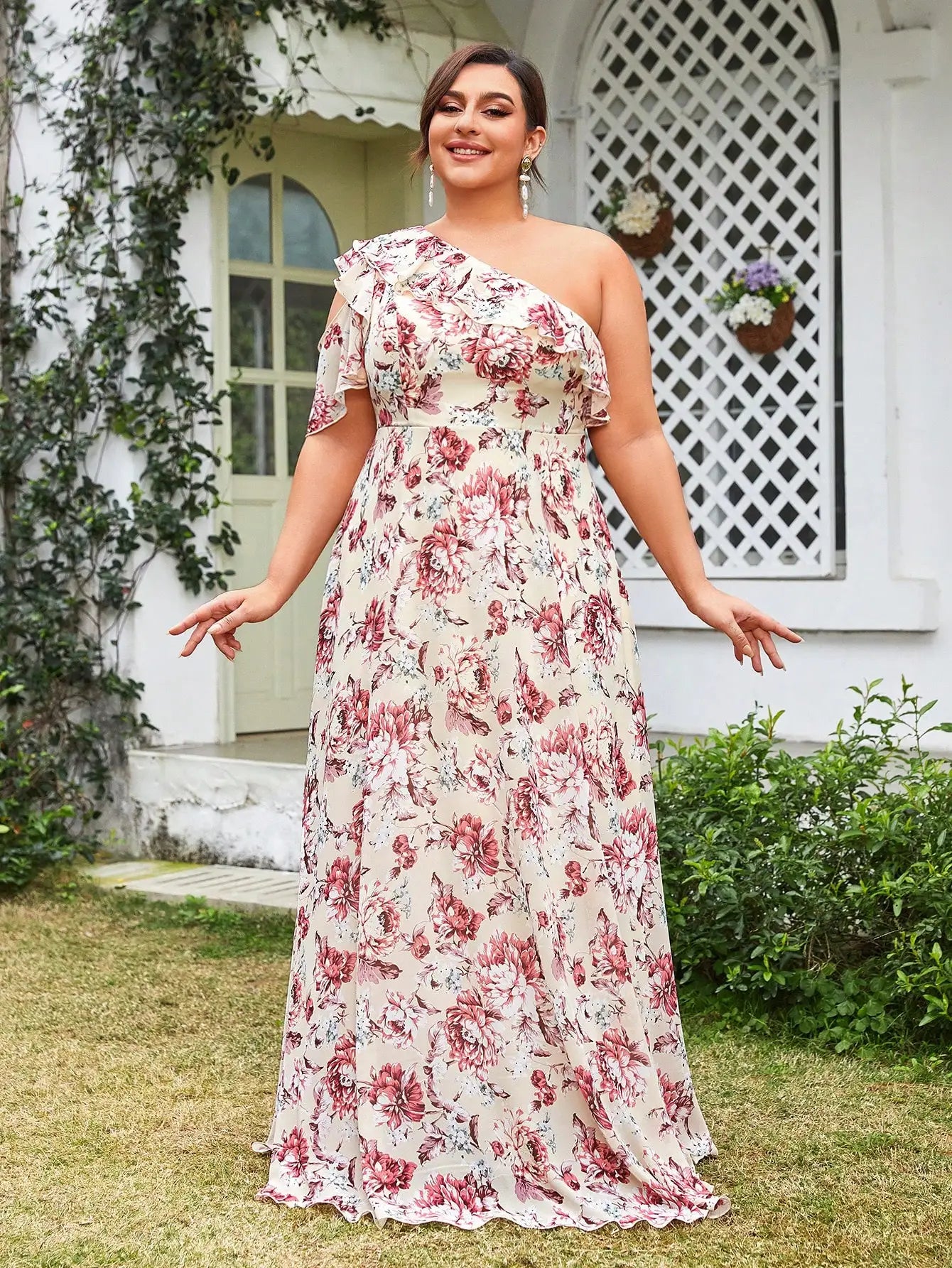 Vestido Estampado Longo Plus Size Assimétrico Ombro Único