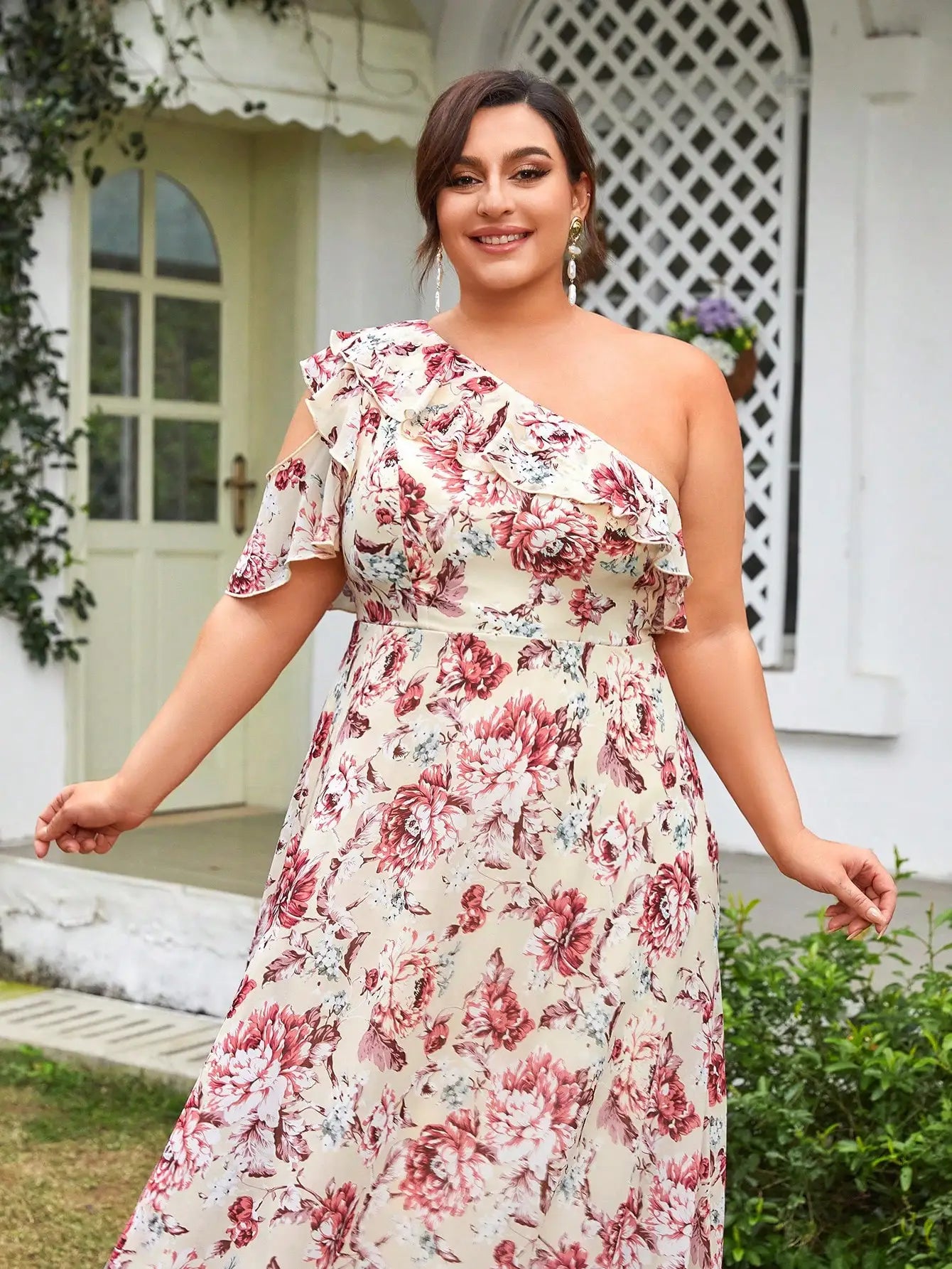 Vestido Estampado Longo Plus Size Assimétrico Ombro Único
