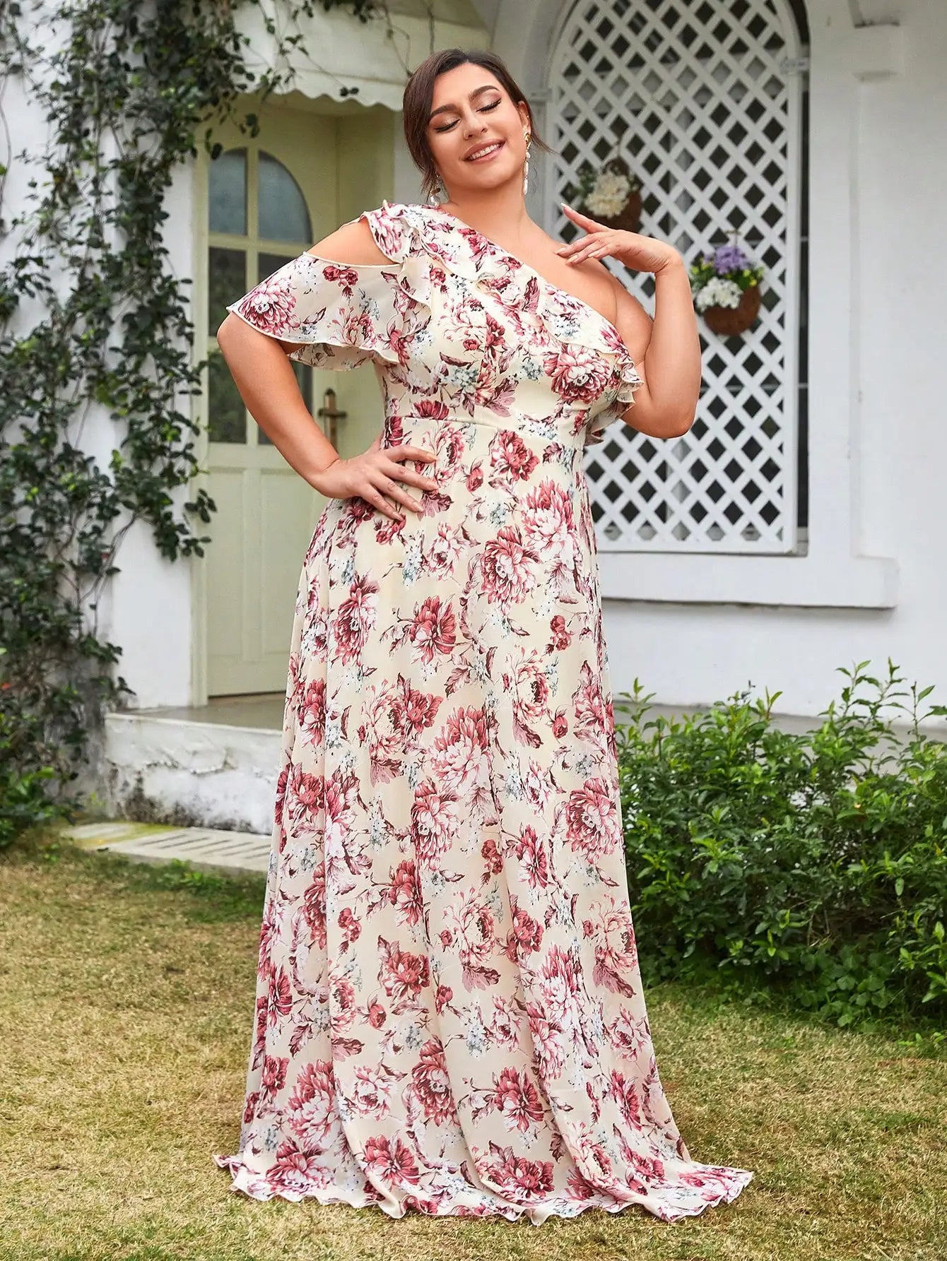 Vestido Estampado Longo Plus Size Assimétrico Ombro Único