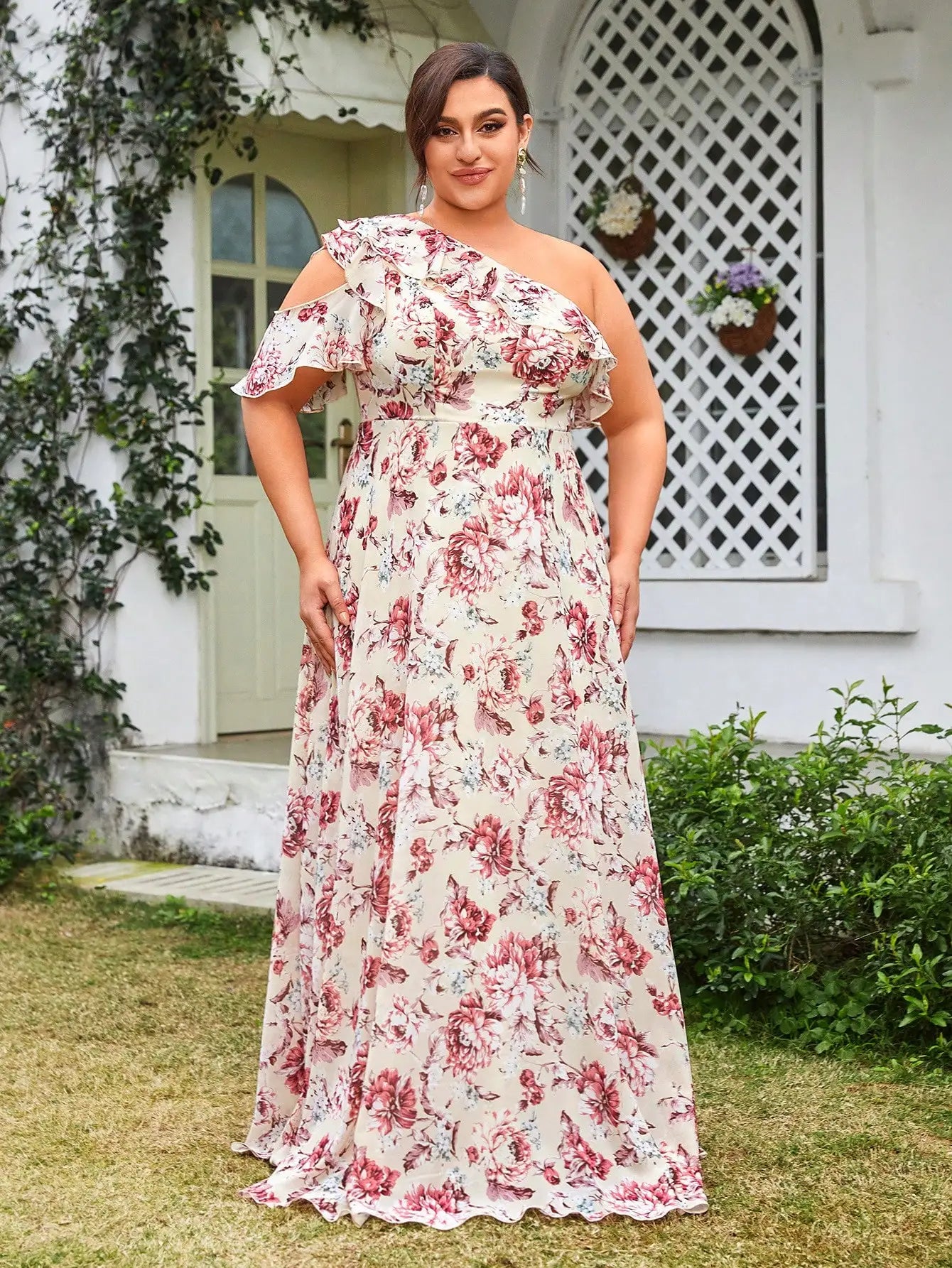 Vestido Estampado Longo Plus Size Assimétrico Ombro Único
