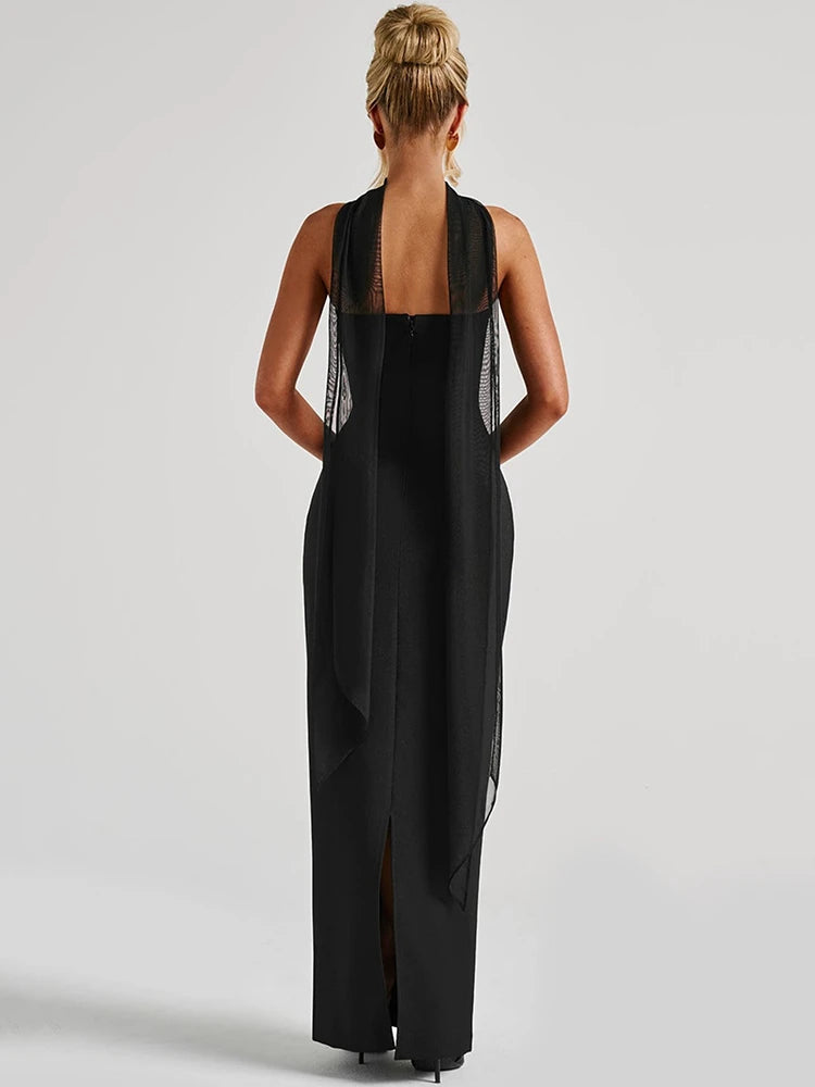 Vestido Longo Ombro a Ombro com Cachecol Colarinho