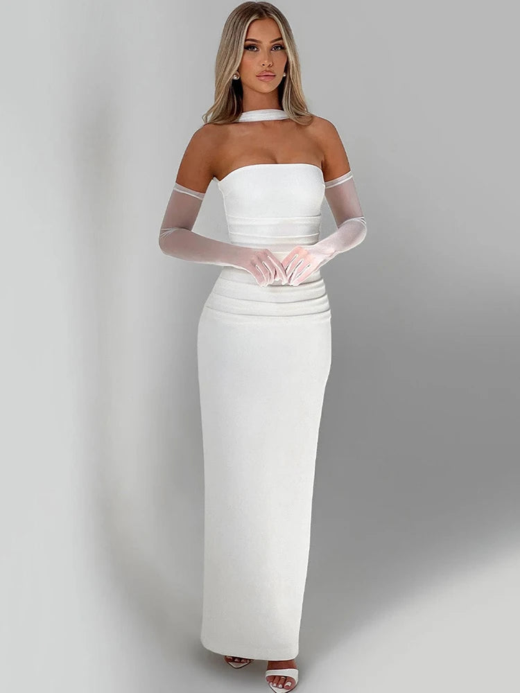 Vestido Longo Ombro a Ombro com Cachecol Colarinho